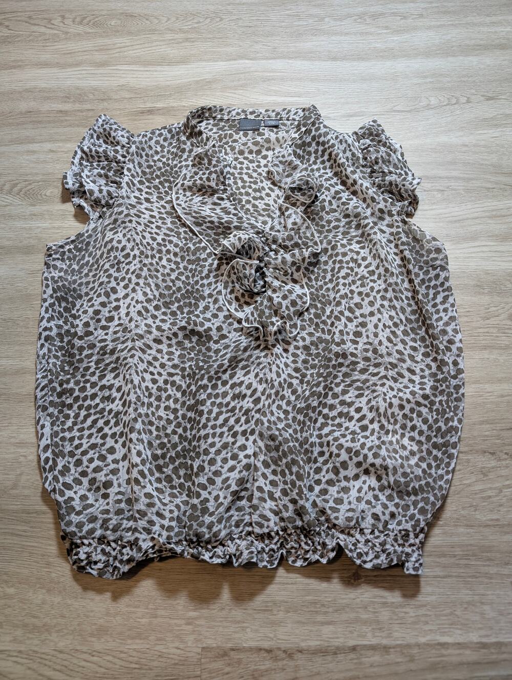 Covington Blouse Womens Large L Sheer Leopard Print Ruffle Neck Bubble Hem Top